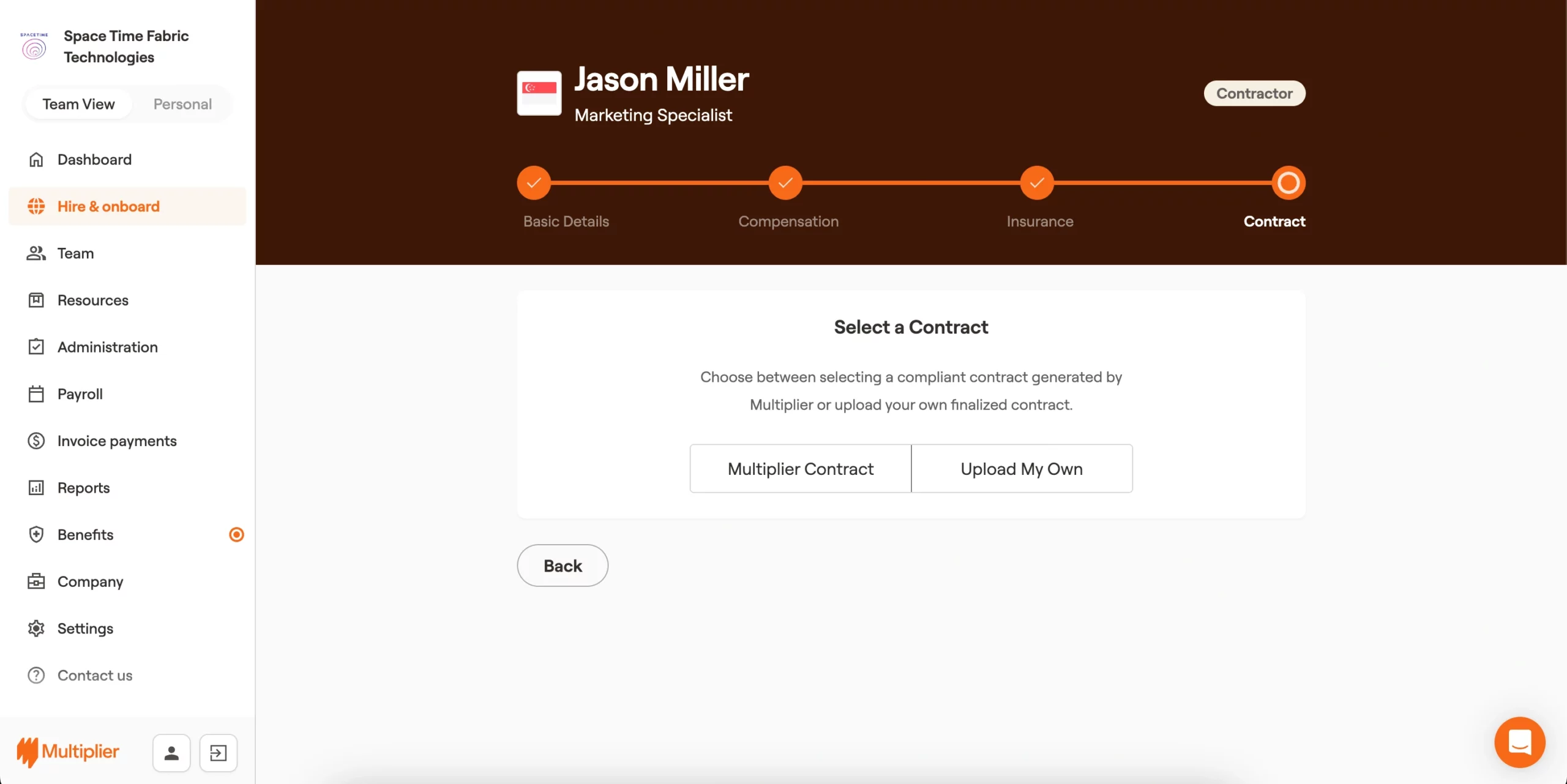 Contract options for onboarding a contractor in Singapore. 